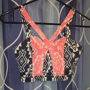 Flying Tomato Zip Up Criss Cross Neckline Tribal Aztec Pink Navy CropTop Tank XS